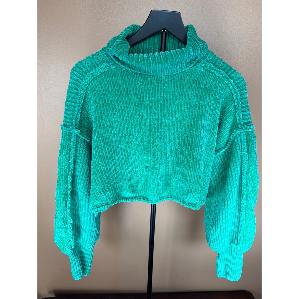 Emerald Green Chenille Cropped Turtleneck Sweater Ribbed Knit Balloon Sleeve
